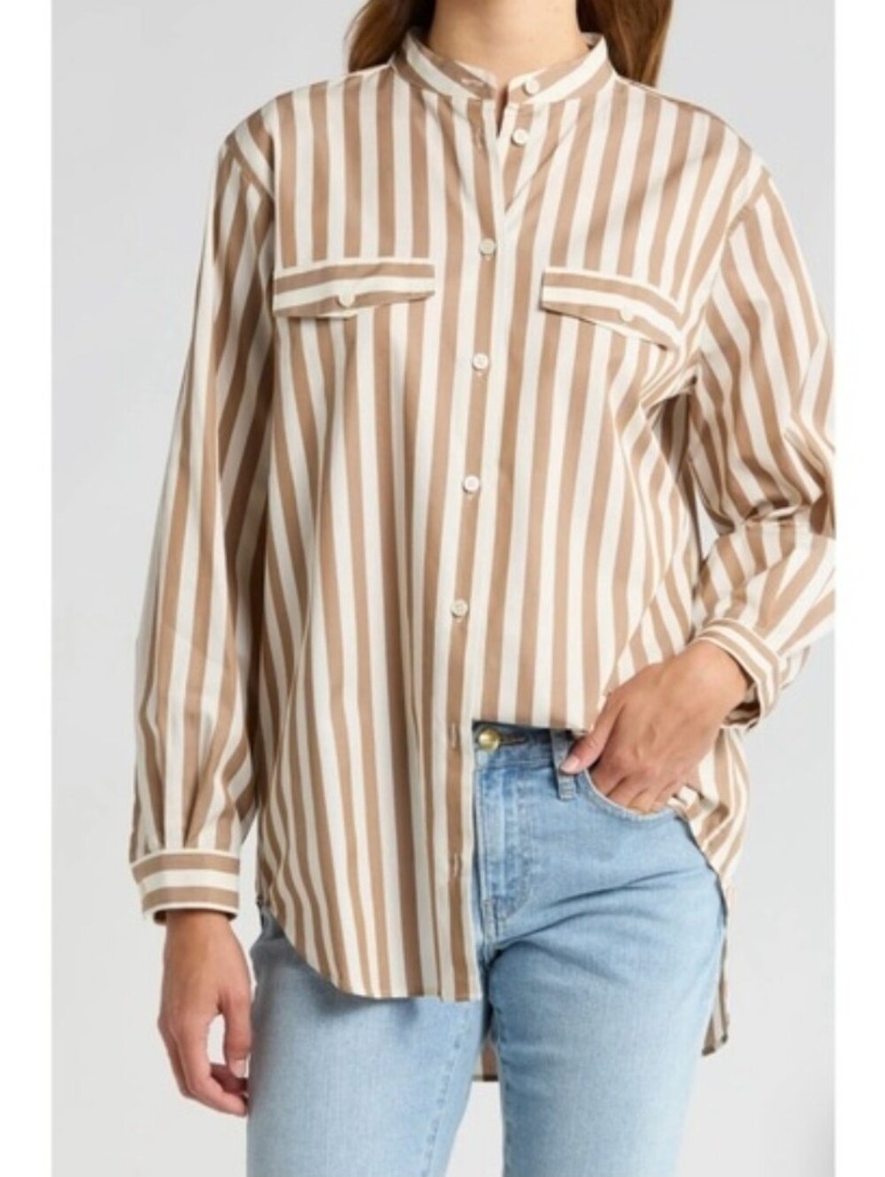 Frame Denim Vertical Stripe Button-Down Shirt Mocha Beige and White Size M
